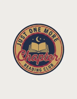 Just One More Chapter mug design: a round vintage badge with an open book under a crescent moon and stars, Chapter in burgundy script and Reading Club lettering