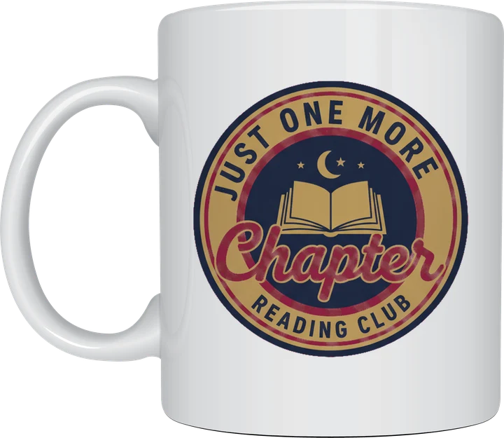 Just One More Chapter mug with a retro navy and burgundy reading club badge, an open book and a crescent moon on a white ceramic mug