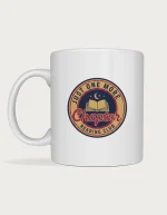 Just One More Chapter mug with a retro navy and burgundy reading club badge, an open book and a crescent moon on a white ceramic mug