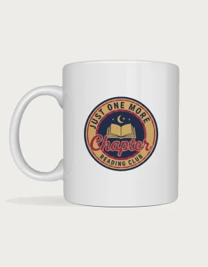 Just One More Chapter mug with a retro navy and burgundy reading club badge, an open book and a crescent moon on a white ceramic mug