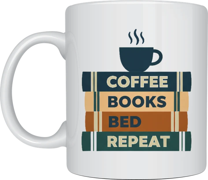 Books and coffee mug with a stack of navy, mustard, orange and teal book spines reading Coffee, Books, Bed, Repeat and a coffee cup on top, on a white ceramic mug