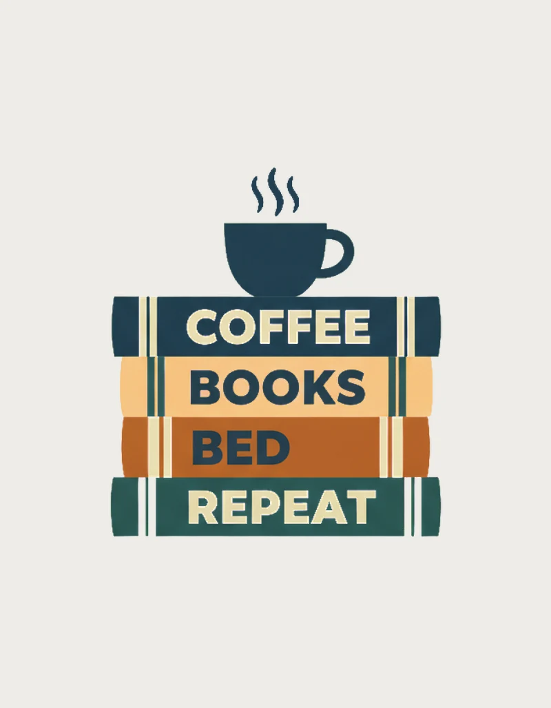 Coffee Books Bed Repeat design: four book spines in navy, mustard, burnt orange and teal stacked under a steaming navy coffee cup