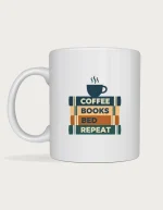 Books and coffee mug with a stack of navy, mustard, orange and teal book spines reading Coffee, Books, Bed, Repeat and a coffee cup on top, on a white ceramic mug