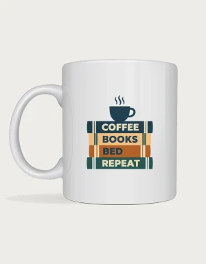 Books and coffee mug with a stack of navy, mustard, orange and teal book spines reading Coffee, Books, Bed, Repeat and a coffee cup on top, on a white ceramic mug