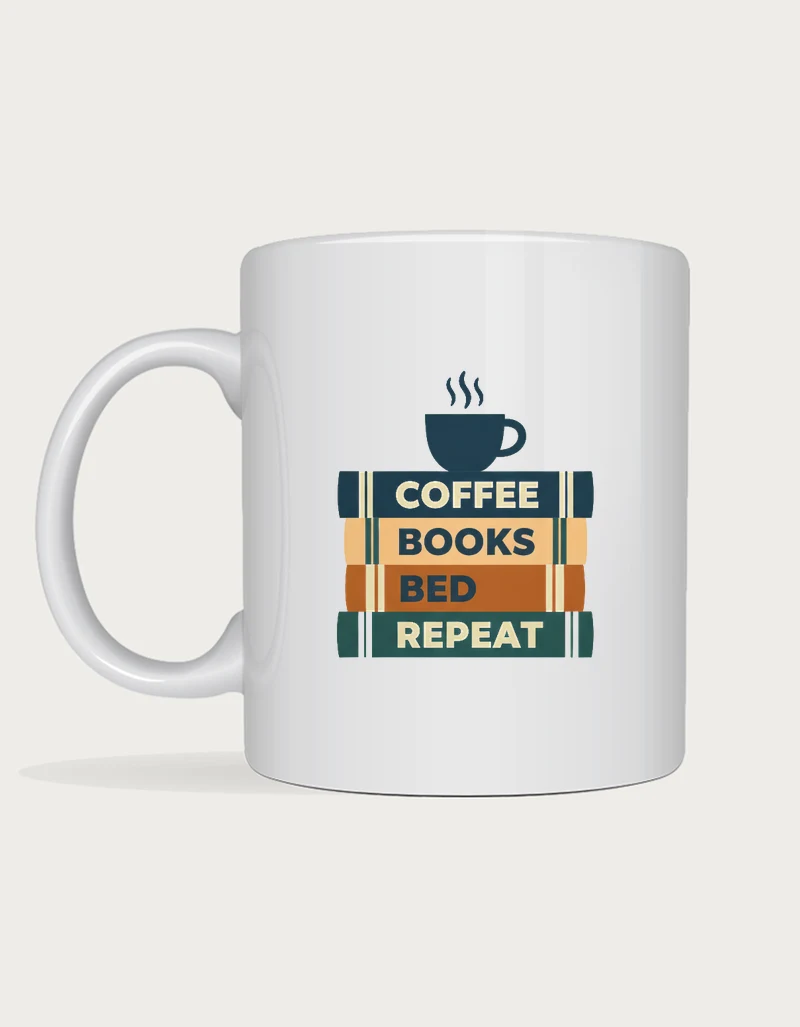 Books and coffee mug with a stack of navy, mustard, orange and teal book spines reading Coffee, Books, Bed, Repeat and a coffee cup on top, on a white ceramic mug