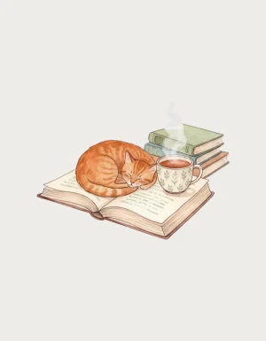 Watercolour design of a ginger tabby cat asleep on an open book beside a patterned tea cup and three stacked books