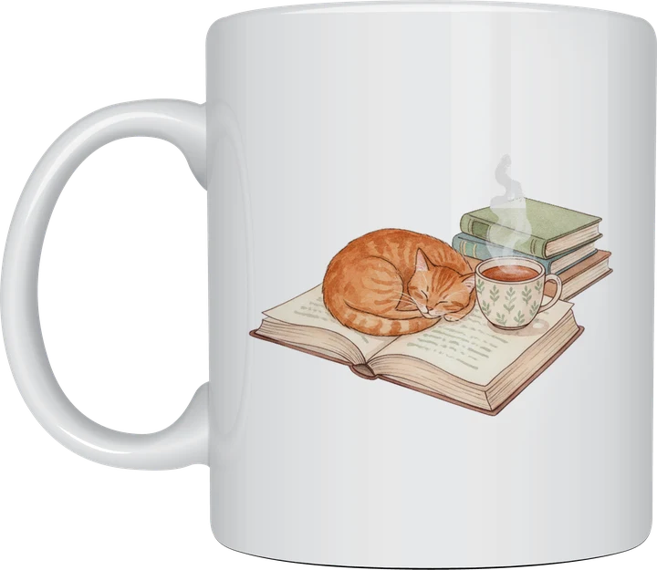 Book lover mug with a watercolour ginger cat curled up asleep on an open book next to a cup of tea and a stack of books, on a white ceramic mug