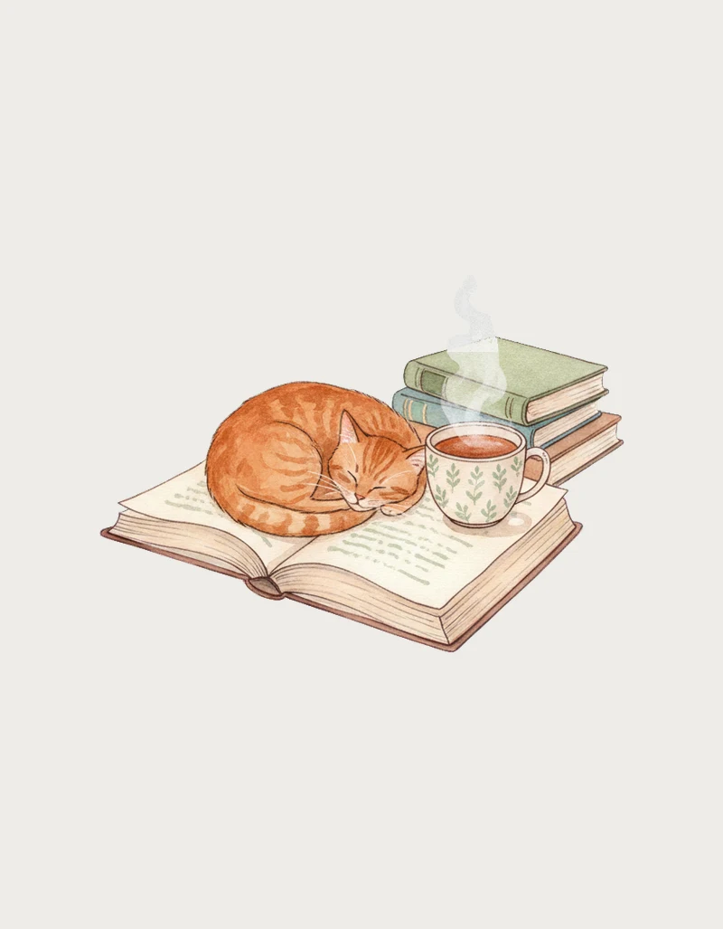 Watercolour design of a ginger tabby cat asleep on an open book beside a patterned tea cup and three stacked books