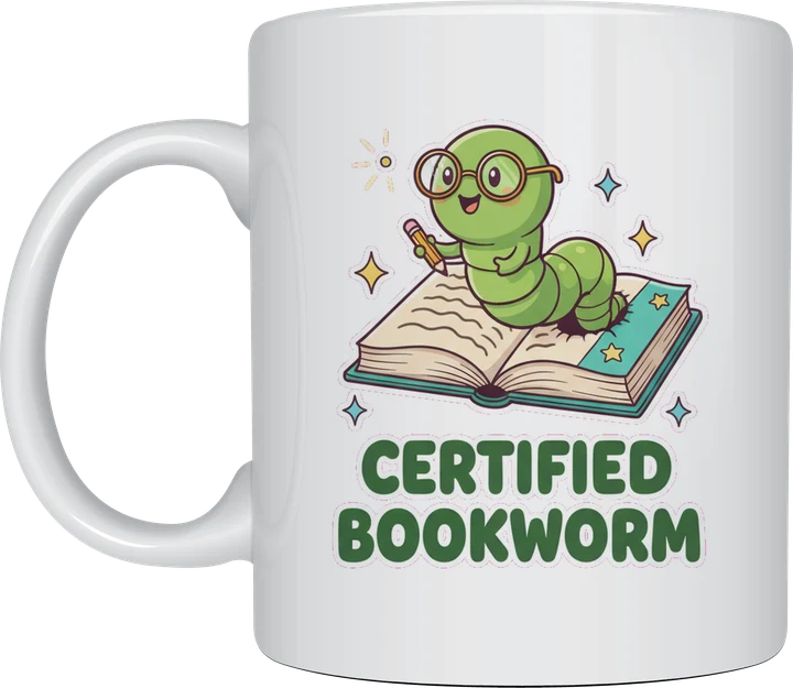 Bookworm mug with a cute green worm wearing round glasses popping out of an open book above Certified Bookworm lettering, on a white ceramic mug