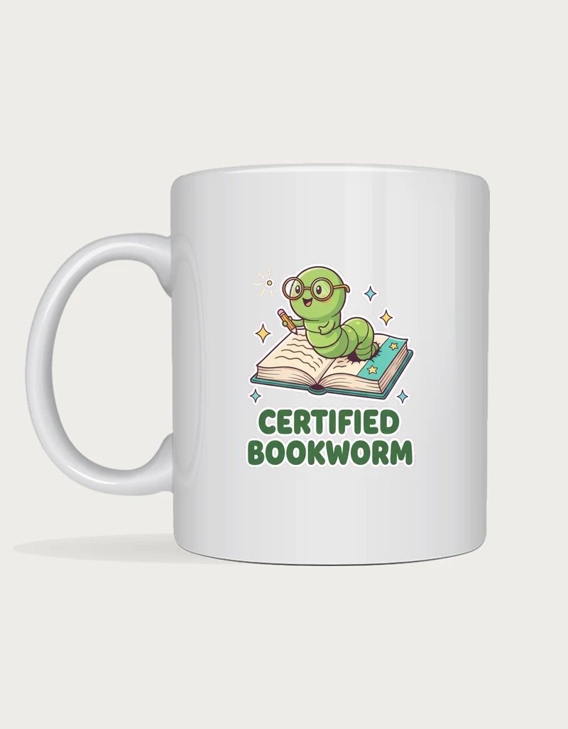 Bookworm mug with a cute green worm wearing round glasses popping out of an open book above Certified Bookworm lettering, on a white ceramic mug
