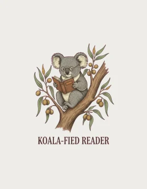 Koala-fied Reader design: a vintage engraving-style koala wearing spectacles reading a brown book in the fork of a eucalyptus tree with gum leaves and gumnuts