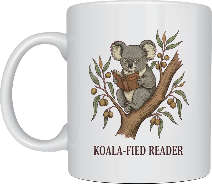 Koala book mug with a vintage storybook koala in round spectacles reading a book in a gum tree above Koala-fied Reader lettering, on a white ceramic mug