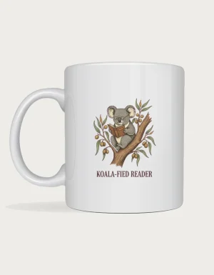 Koala book mug with a vintage storybook koala in round spectacles reading a book in a gum tree above Koala-fied Reader lettering, on a white ceramic mug