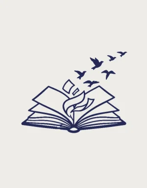 Flying Pages design: bold navy line drawing of an open book with loose pages lifting off and turning into small birds in flight