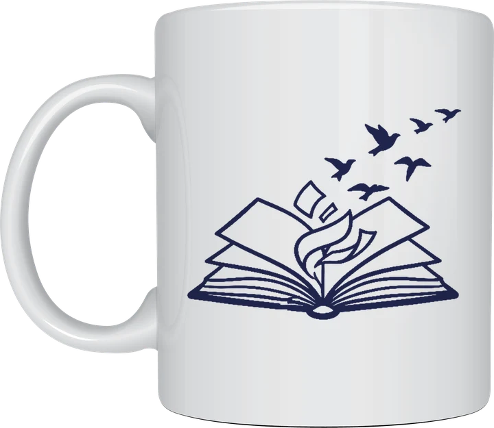 Bookish mug with minimalist navy line art of an open book whose pages turn into a flock of birds flying away, on a white ceramic mug