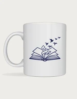 Bookish mug with minimalist navy line art of an open book whose pages turn into a flock of birds flying away, on a white ceramic mug