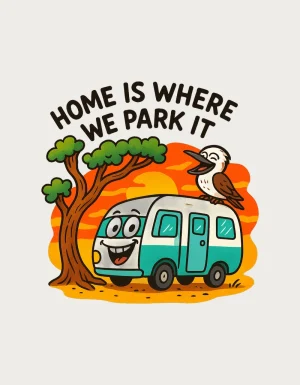Grey nomad mug design - smiling caravan under a gum tree with a kookaburra and the text Home Is Where We Park It