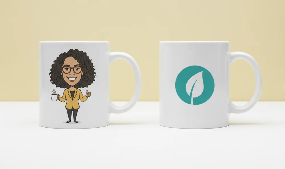 Two views of a caricature mug: the caricature on the front and the company logo on the back