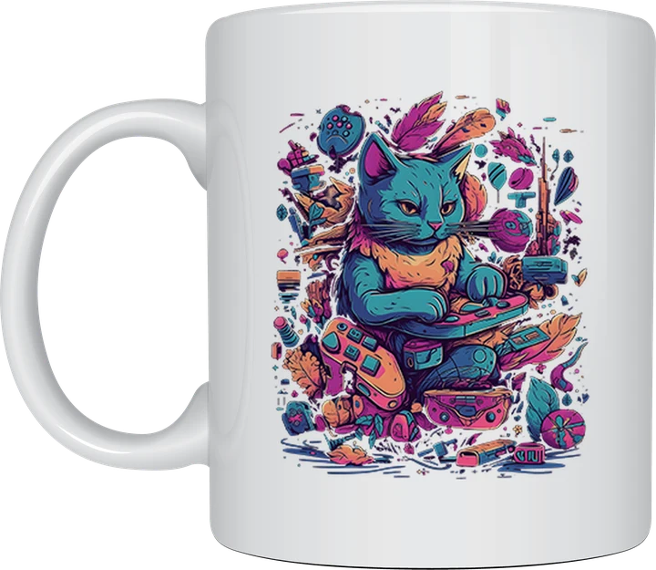 Cat cup - cyberpunk gamer cat with neon game gear