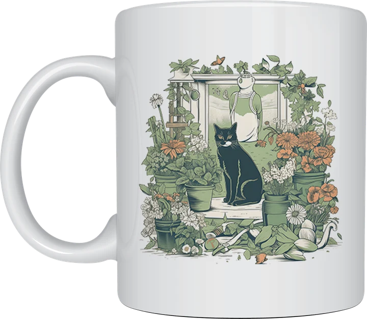Cat person mug - black cat surrounded by garden flowers
