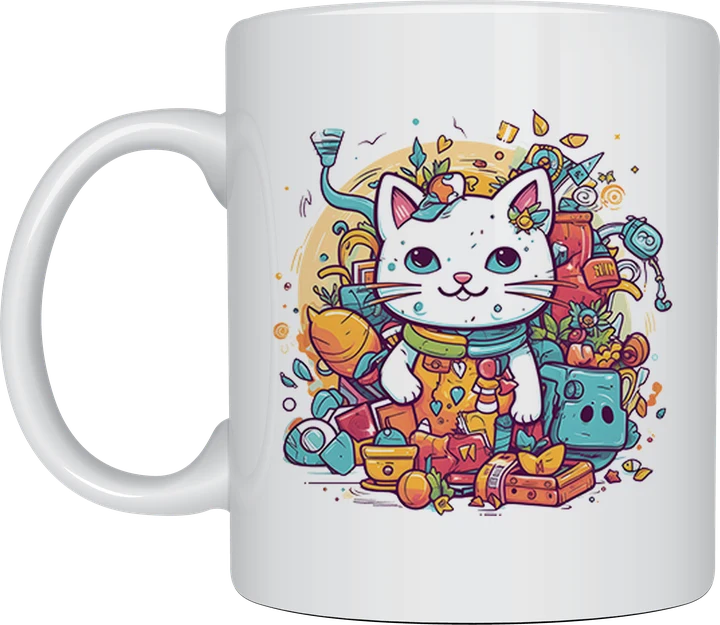 Funny cat mug - Messy Cat surrounded by clutter