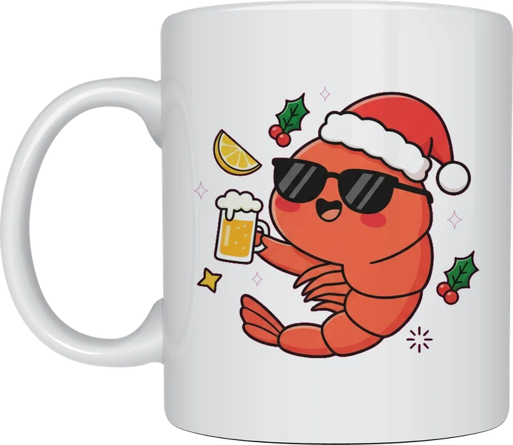 Christmas Prawn Mug - cute prawn in a Santa hat and sunnies holding a beer, printed on a white ceramic Christmas mug
