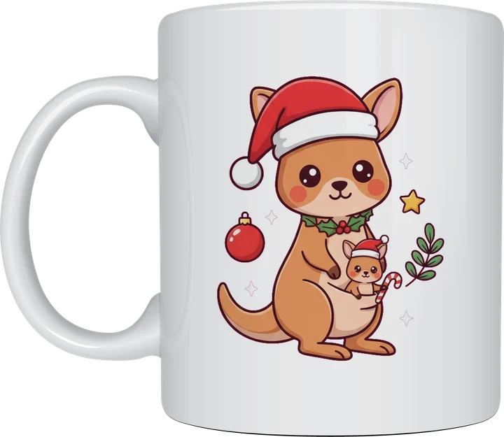 Christmas Kangaroo Mug - kangaroo mum and joey in Santa hats with a candy cane, printed on a white ceramic Christmas mug