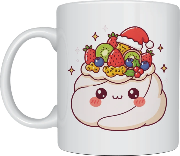 Christmas Pavlova Mug - cute pavlova in a Santa hat topped with strawberries, kiwi and blueberries on a white ceramic Christmas mug