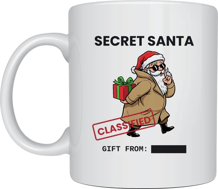Secret Santa Mug - spy Santa in a trench coat and sunglasses with a CLASSIFIED stamp and redacted gift from line on a white ceramic mug