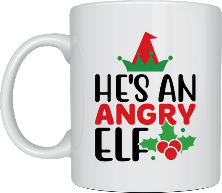 Funny christmas mug - He's An Angry Elf design