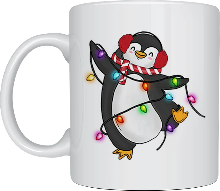 Christmas mug - cute penguin in earmuffs and scarf tangled in Christmas lights