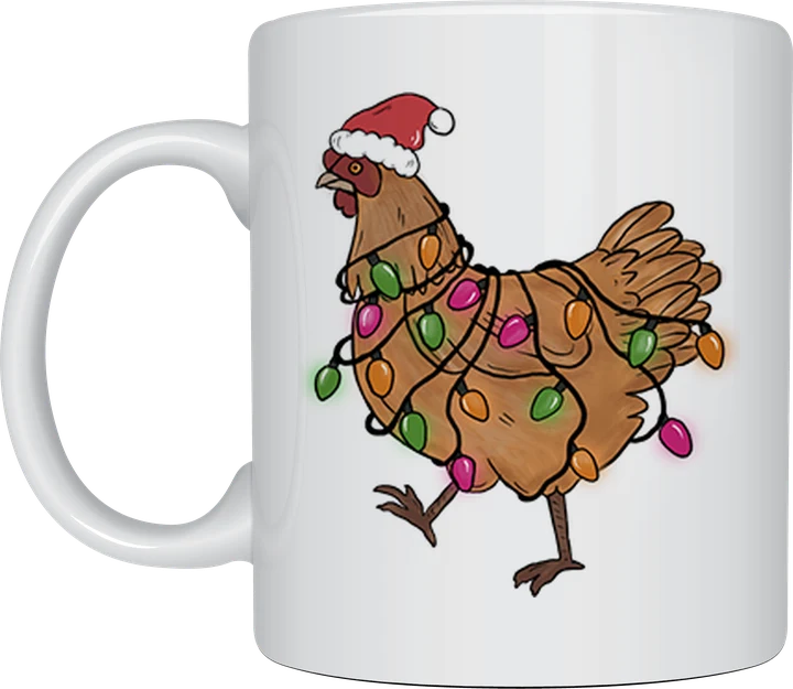 Christmas mug - chicken in Santa hat with string lights
