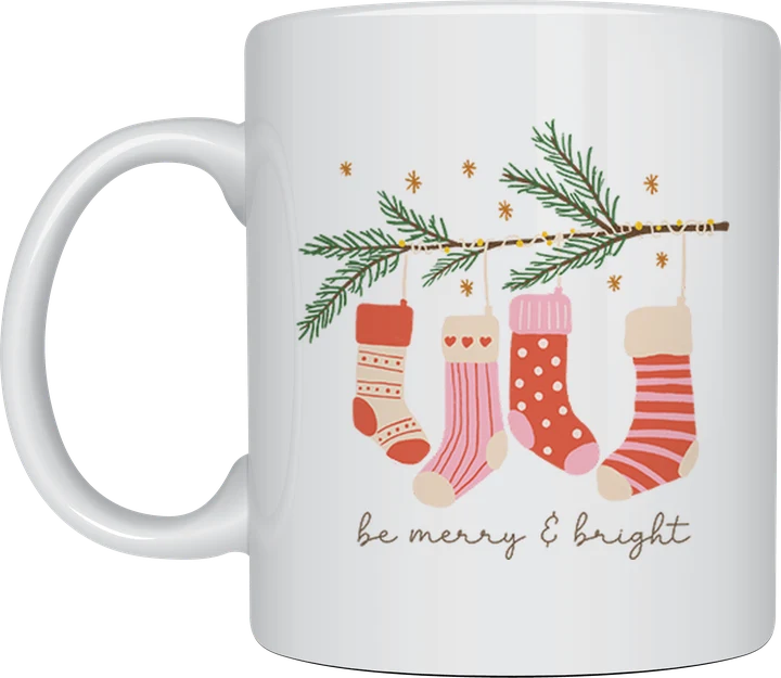Christmas coffee mug - stockings hanging from pine branch