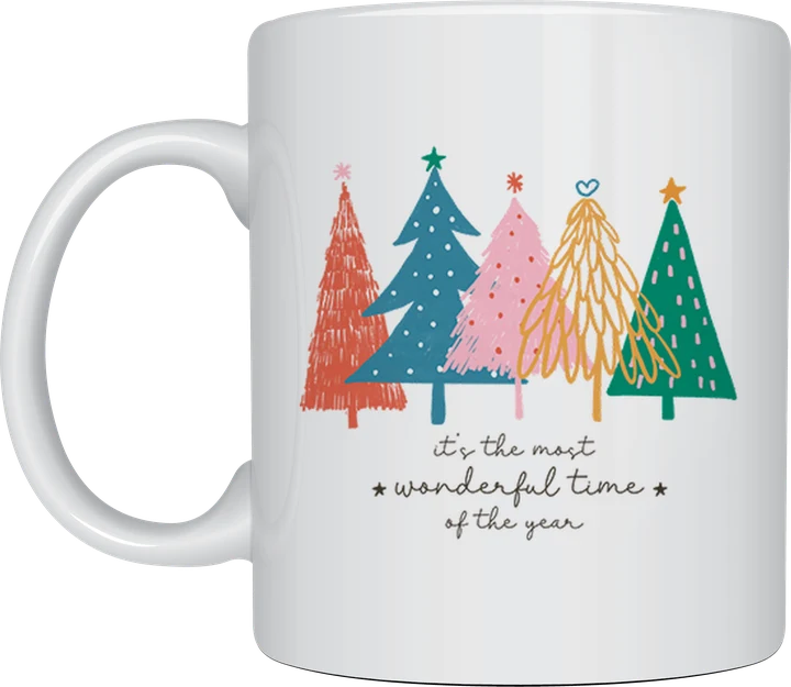 Most Wonderful Time Christmas trees mug