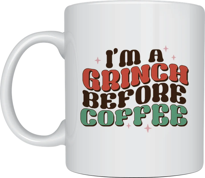 Christmas mug - retro red and green I'm A Grinch Before Coffee text