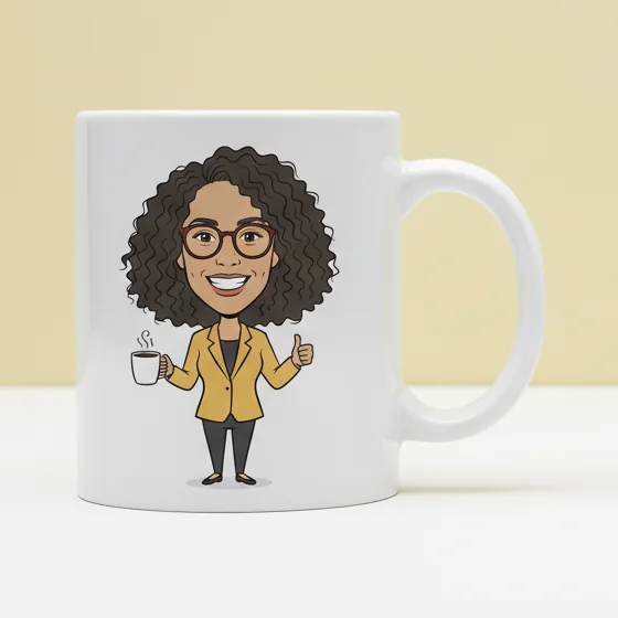 Caricature mug printed with a cartoon version of a team member
