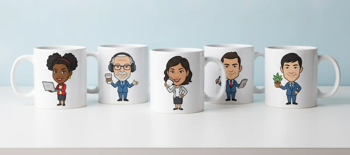 Row of caricature mugs, each printed with a different cartoon caricature of a team member
