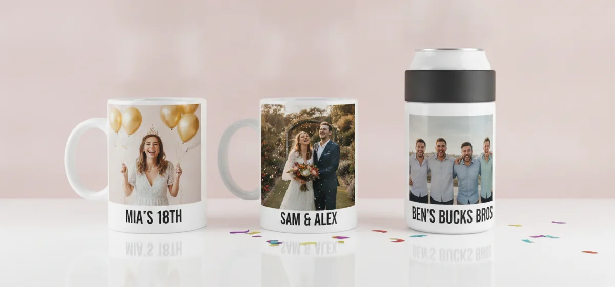 Custom photo mugs for an 18th birthday and a wedding, and a custom stubby holder for a bucks party