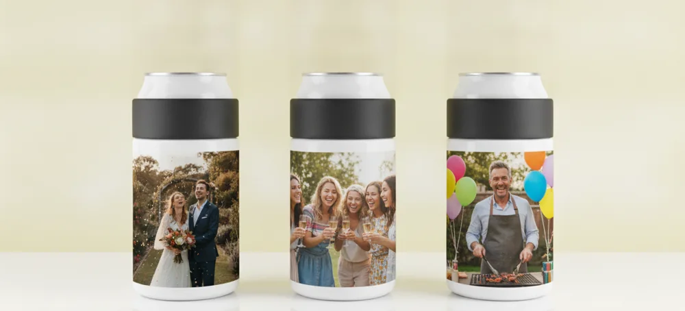 Three custom stubby holders printed with photos from a wedding, a hens party and a 50th birthday