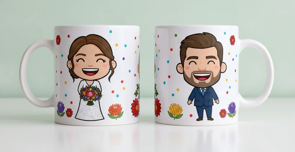 Two custom mugs printed with colourful caricatures of a bride and a groom