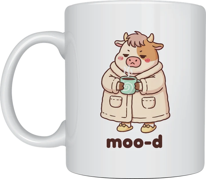 Moo-d cow mug with a cute cow in a dressing gown holding coffee, printed on a white ceramic mug