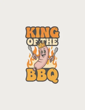 King of the BBQ mug design - dad mug artwork of a crowned cartoon sausage with tongs and flames