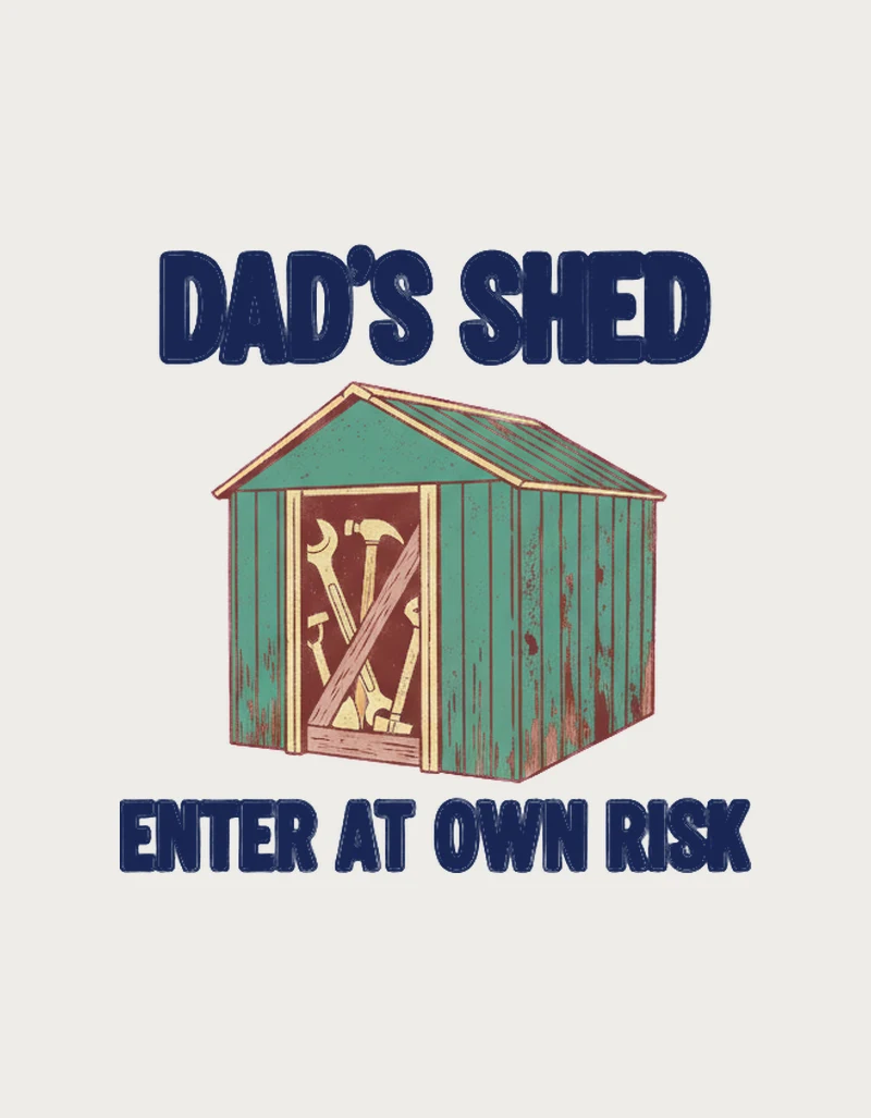 Dad's Shed mug design - teal-green backyard shed with rusty red trim and navy lettering, gifts for dad