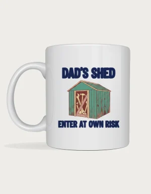 Gifts for dad - teal-green corrugated iron shed with Dad's Shed, Enter At Own Risk printed on a white ceramic mug