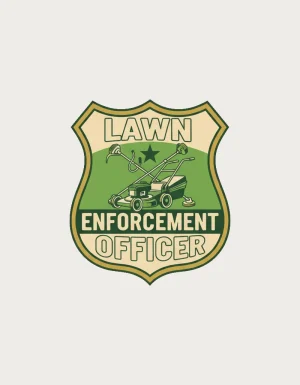 Lawn Enforcement Officer mug design - green and cream badge with push mower, star and crossed whipper snippers