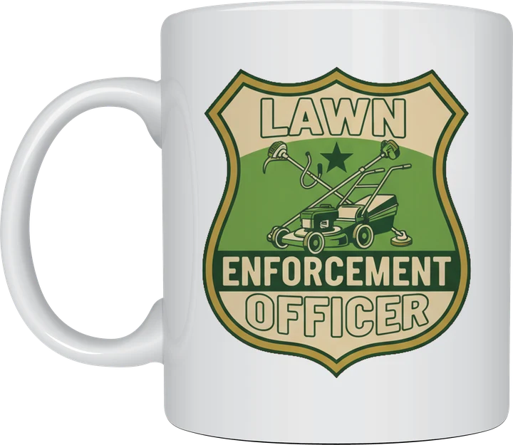 Funny gifts for dad - green and cream Lawn Enforcement Officer badge with lawn mower printed on a white ceramic mug