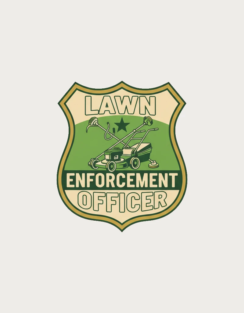 Lawn Enforcement Officer mug design - green and cream badge with push mower, star and crossed whipper snippers