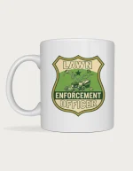 Funny gifts for dad - green and cream Lawn Enforcement Officer badge with lawn mower printed on a white ceramic mug