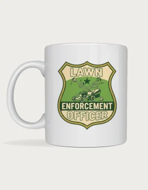 Funny gifts for dad - green and cream Lawn Enforcement Officer badge with lawn mower printed on a white ceramic mug