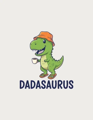 Dadasaurus mug design - grinning green T-rex in orange bucket hat and thongs with DADASAURUS in navy